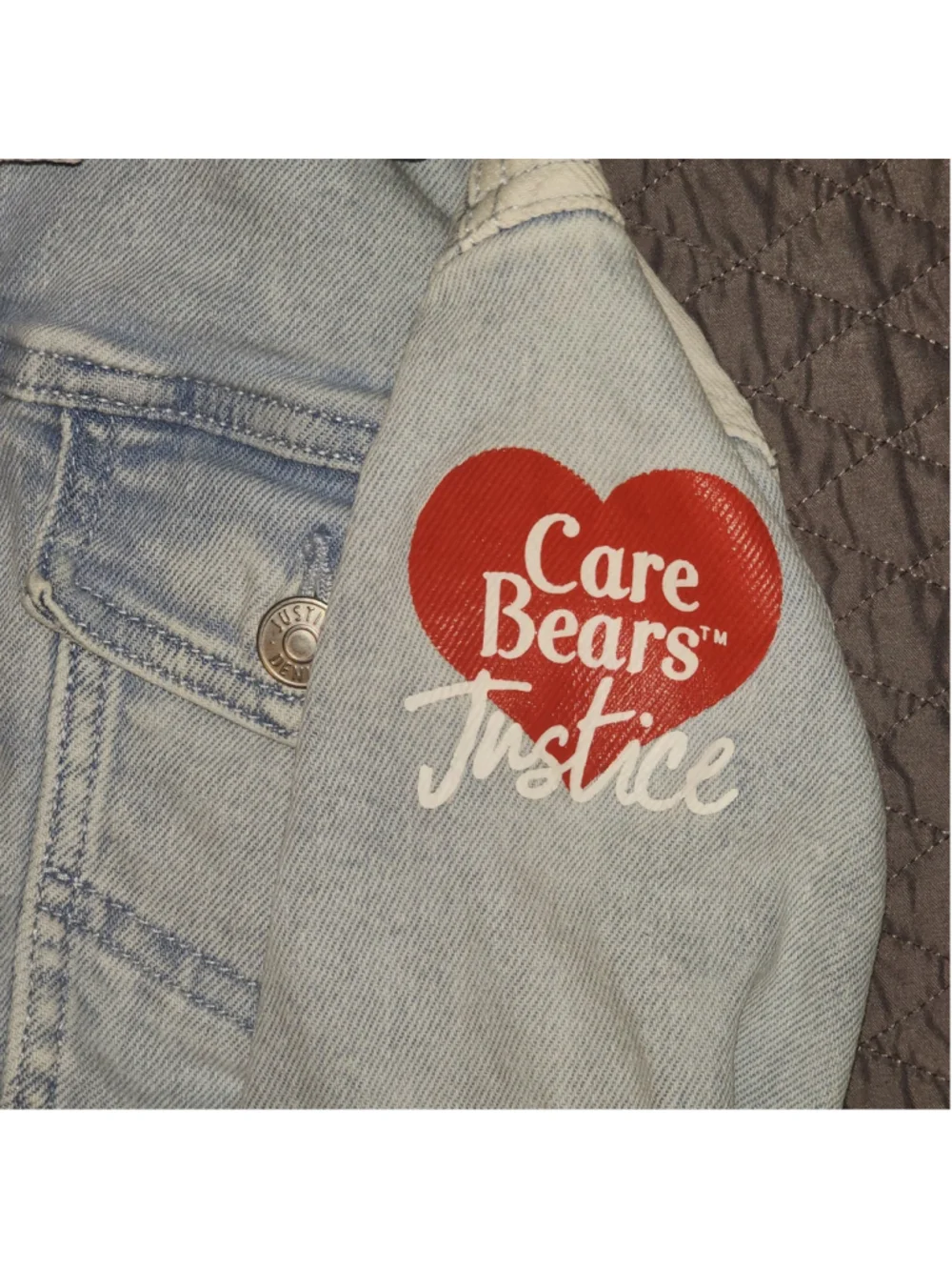 Care Bears Justice Denim Jacket Youth Size M 10 Split Color White Blue Patchwork